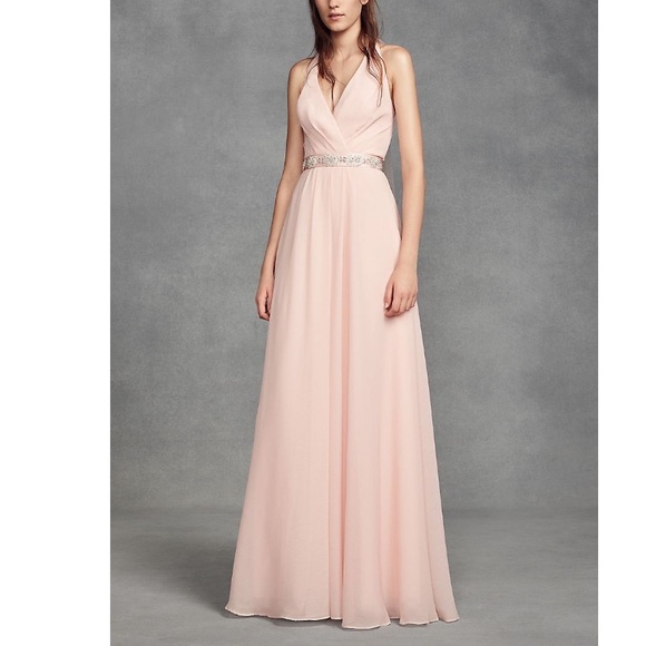chiffon halter bridesmaid dress with tulle bow